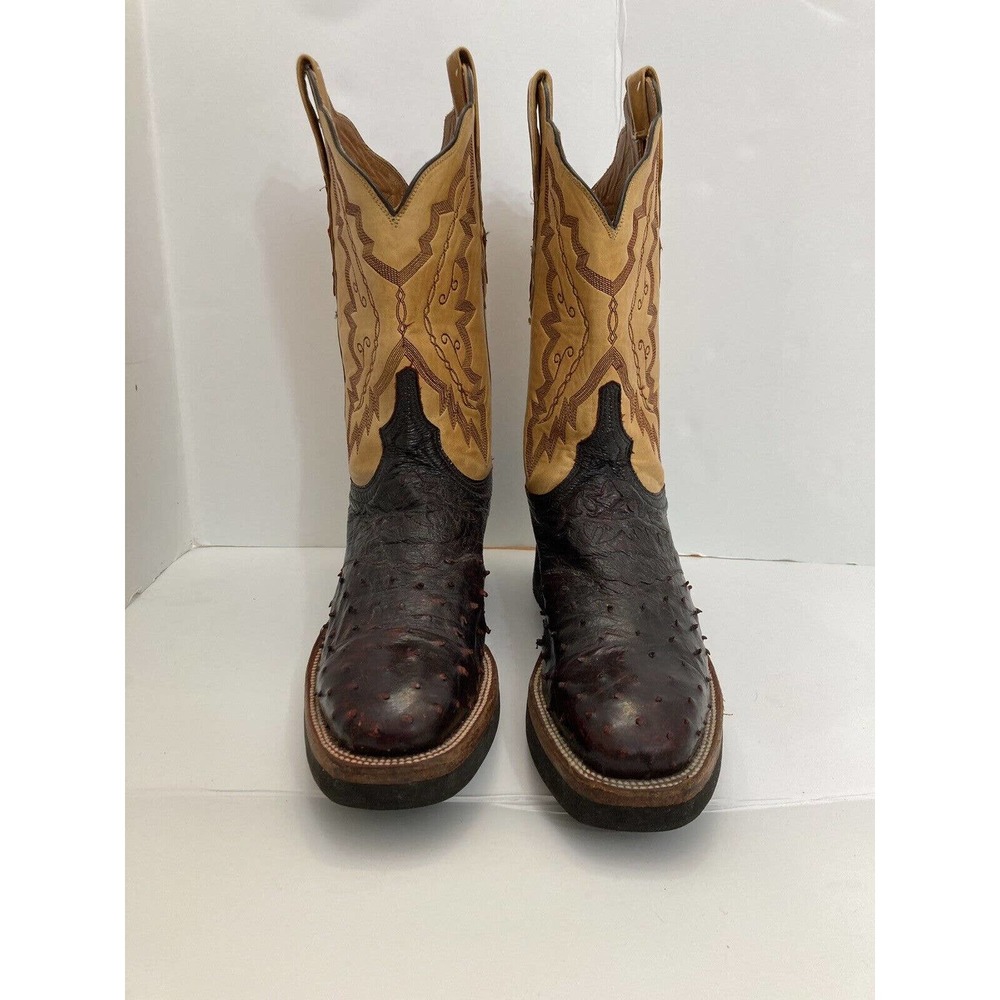 Lucchese 2000 Ostrich Quill Women Western Boots- Size 9B -Burgundy/Tan